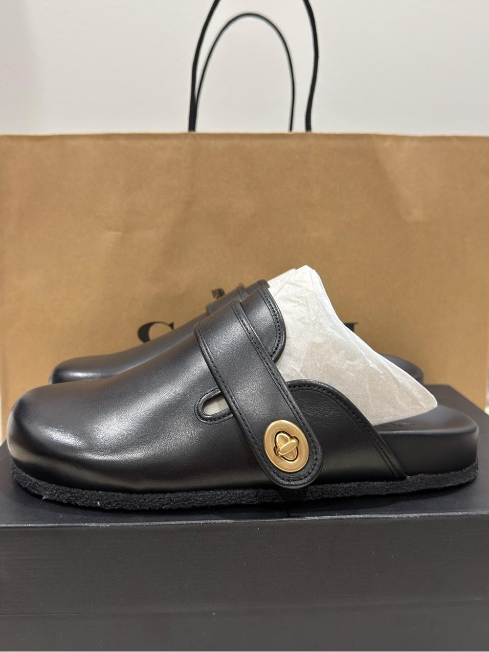 Black Leather Clogs with Gold Accent - Picture 4 of 4